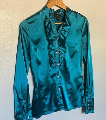 Iz Byer  Teal Blue Satin Dressy Ruffle Accent Top Size S Faux Crystal Buttons