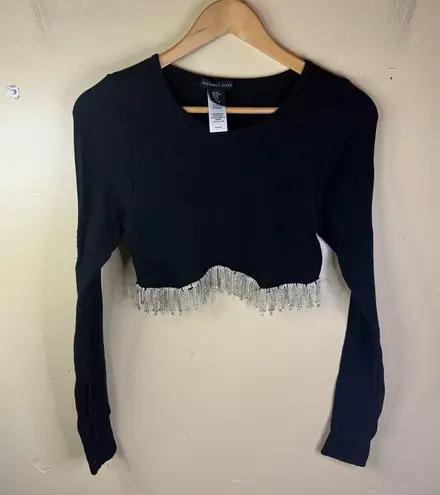 Sincerely Jules Size XL Ribbed Knit Crop Top Embellished Jewels LS Black Silver