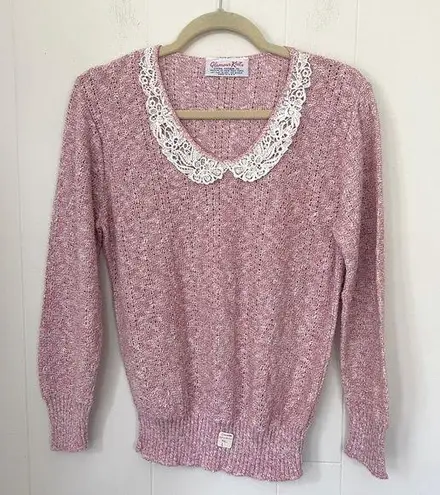 Glamour Knit Vintage Pink Sweater Lace Collar ~ Made In USA ~ Retro Barbiecore Size M