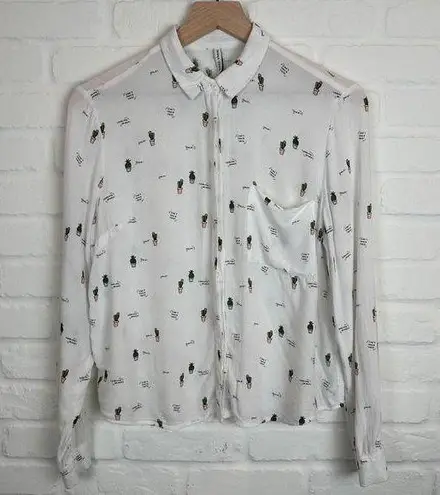 Bershka BSKGIRL Cactus Print Women's Button Down Long Sleeve Shirt White Size S