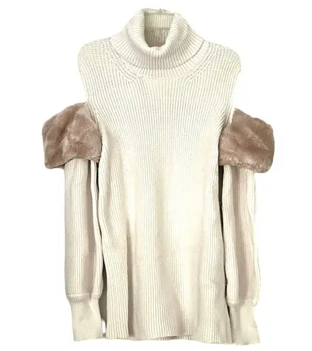 Adeam Cold Shoulder Turtleneck Sweater with Faux Fur Trim size M Size M