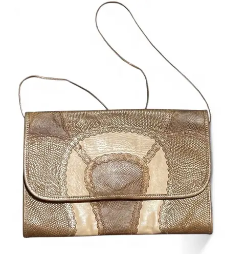 Vintage Carlos Falchi Patchwork SnakeSkin Clutch Gold Tan Crossbody Purse USA