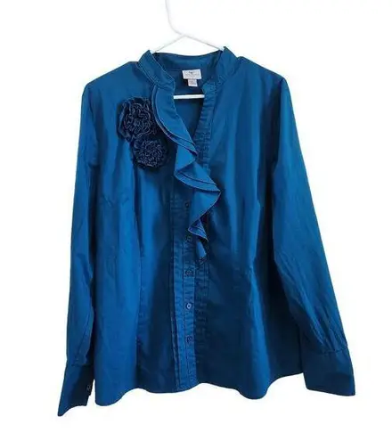 Worthington  Button Poplin Long Sleeve Ruffled Rosette Blue Shirt Blouse Size XL