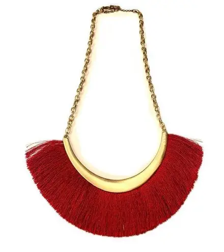 Fringe Red Necklace Gold Tone Statement Necklace Burgundy Fringe EUC