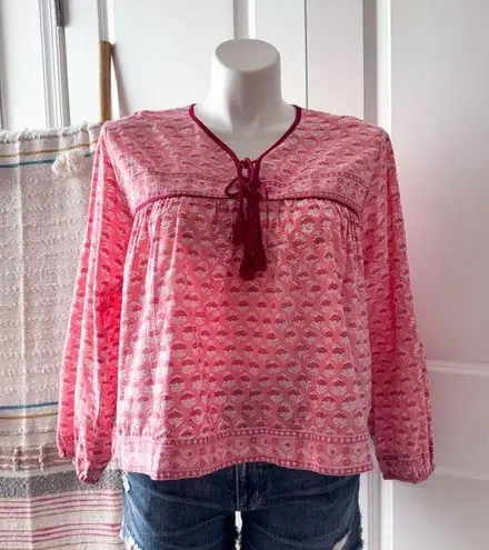 Marea Isla Pink Floral Long Puff Sleeves Boho Pullover Top Women’s Size Large