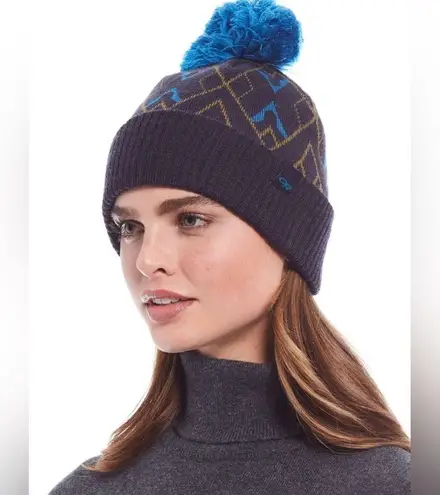 Outdoor Research Women's Griddle Beanie Wool Blue Geomteric Pattern with Pom Pom