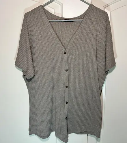 MIHOLL Waffle Knit Button Up Top Dolman Short Sleeve Boho Slouchy Gray Purple S