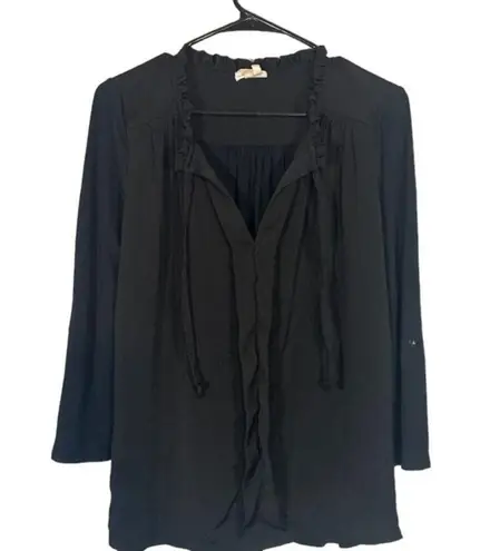 Meadow Rue Black Long Sleeve Layered Ruffled Front Tie Neck Blouse Women Sz S