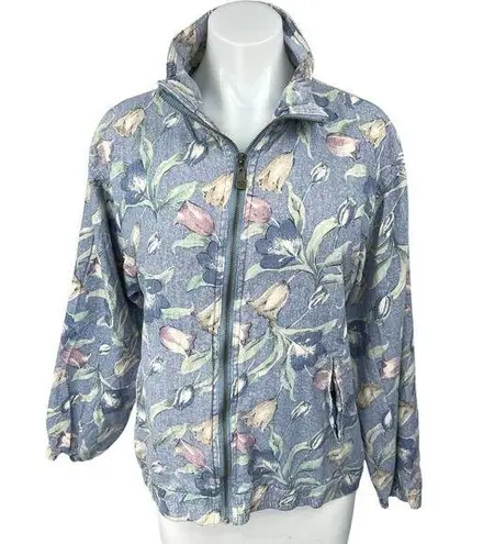 Vintage Vital Zone Blue 100% Silk Floral Relaxed Full Zip High Neck Jacket Sz S
