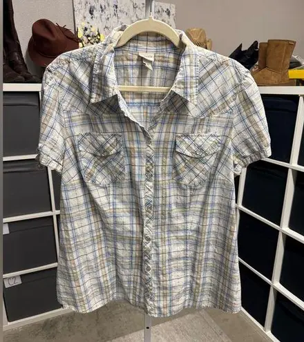 Venezia Vintage Plaid Short Tie Sleeve Pearl Snap Shirt Blue Size 14