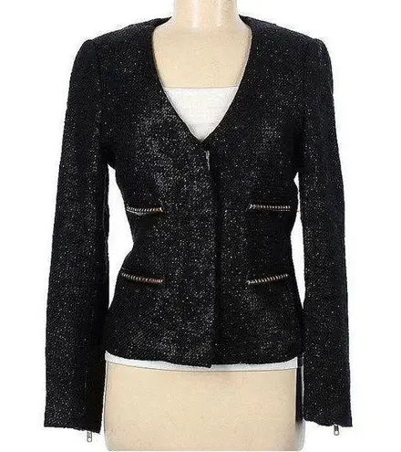 By Malene Birger Tweed Blazer Black Jacket Chic Metallic Gold Flecks Zip Front 8