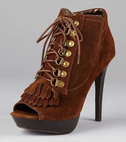 N.Y.L.A. Sabie Brown Suede Tassel Booties Peep Toe Lace Up Ankle Boots 7.5 Boho - Image 1