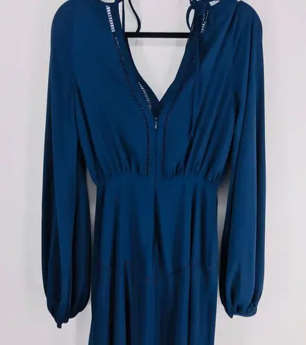 Fame and Partners Navy Hanne Midi Dress Bishop Balloon Sleeves Low V-Back Size 2