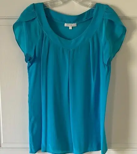 Glam Turquoise Silk Blouse by with Wide Scoop Neck and Short Sleeves