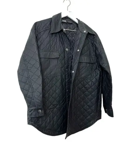 ZARA  Black Quilted Faux Leather Over Shirt Jacket Size Small