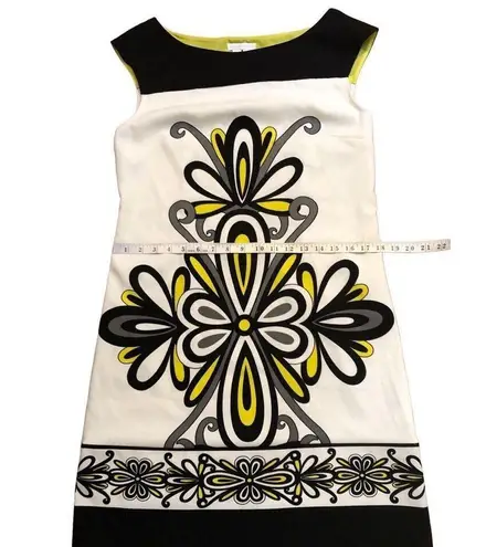 London Times  sleeveless shift dress yellow white and black geometric print size