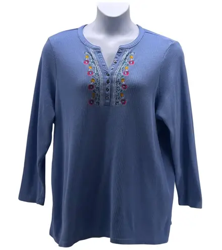 Woman Within Waffle Knit Henley Top Blue 2X