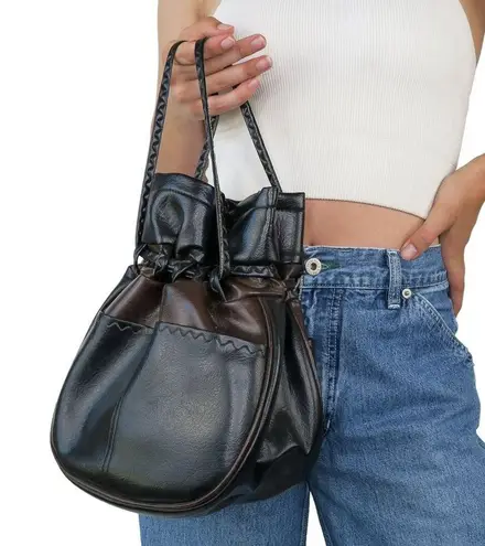 Vintage 80s Dig Bag Drawstring Bucket Bag Black