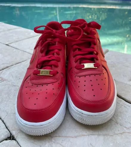 Nike - Women’s Air Force 1 Low Red Gold Swoosh Sneaker, Size 8