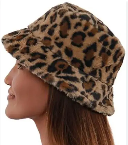 Nordstrom Leopard Animal Print Bucket Hat Faux Fur Fuzzy Packable