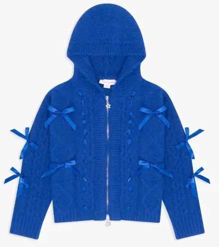 Lisa Says Gah Shelby Lace Embroidered Bow Hooded Cable Knit Zip Sweater Sz S NWT