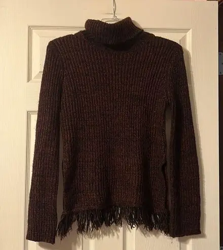 Cecico Burgundy Black Tweed Turtleneck Fringe Sweater Small