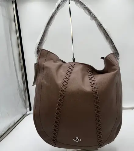 OR YANY Taupe Leather Hobo Shoulder Bag Braided Detail Top Zip Exterior Pocket Brown