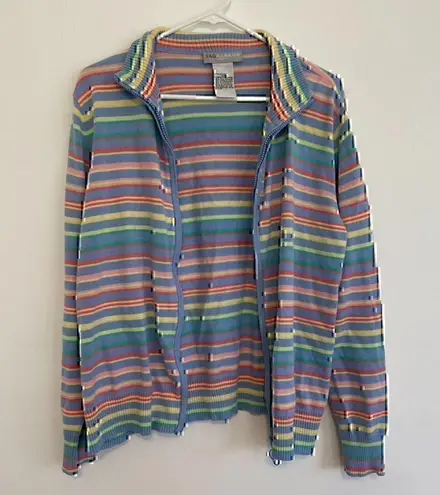 VINTAGE SAG HARBOR Blue Pink Yellow Rainbow Stripe Full Zip Sweatshirt / Sweater Size XL