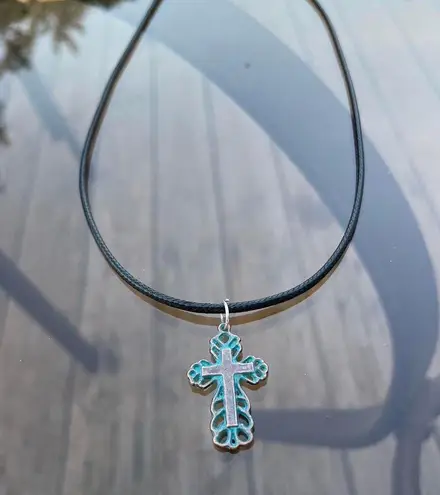 Handmade Y2K Punk Cross pendant PU leather necklace , Gothic Grunge