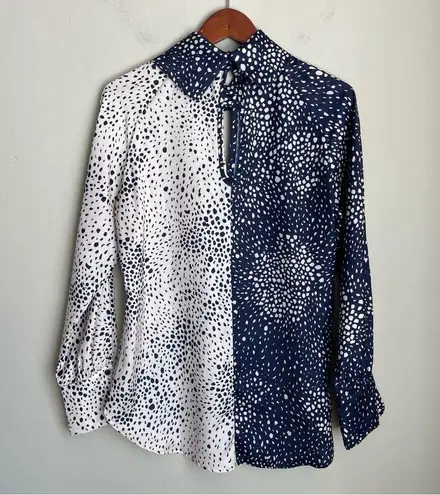 Lysse Spotted Animal Print Long Sleeve Navy Cream Blouse Keyhole Neck Size Small