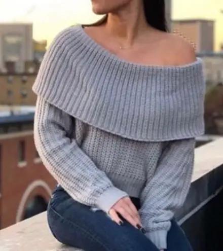 Naked Wardrobe Off The Shoulder Just Own Knit Cropped Cozy Sweater: Light Grey
