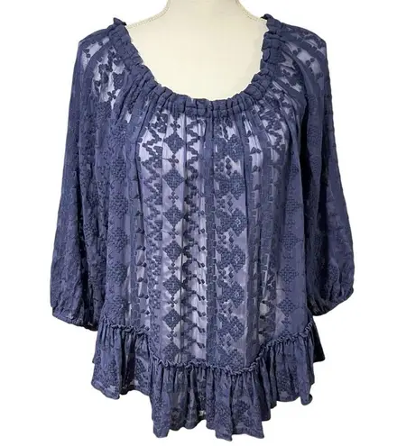 Rebecca Taylor  Silk Sheer Embroidered Long Sleeve Blouse Flounce Hem Blue Size 8