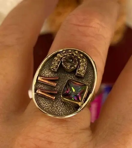 Two Tone Art Deco Rainbow Topaz & CZ Ring Size 8