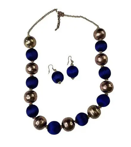 Blue Gold Beaded Statement Necklace Earrings Set Fashion Jewelry u