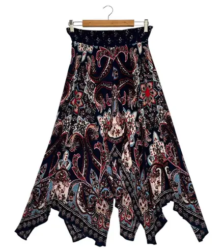 Bila Skirt Womens Medium Blue Boho Handkerchief Hem Paisley Midii Festival Gypsy