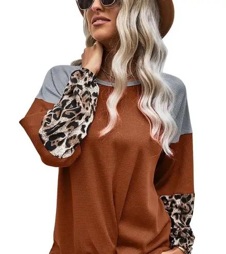 WAFFLE KNIT LEOPARD LONG SLEEVE BLOUSE TWIST KNOT Size undefined