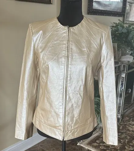 Dialogue ✨Metallic Gold Genuine Leather Jacket – XS, Luxe Minimalist Zip Front ✨
