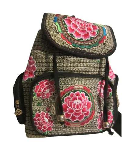 Boho Embroidered Floral Backpack Black Red Rose Folk Festival Bag