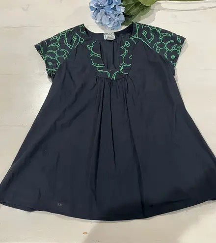 Tabitha Embroidered Tunic Top Navy Blue Green Floral Cotton Dress Size 4