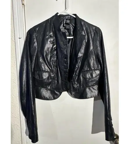 Bisou Bisou Michele Bohbot Black Faux-Leather Cropped Jacket, Size Medium