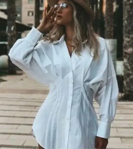 ZARA Pleated Button Up Long Sleeve Shirt Mini Dress 100% Cotton White Size  Small - $18 New With Tags - From Kiki