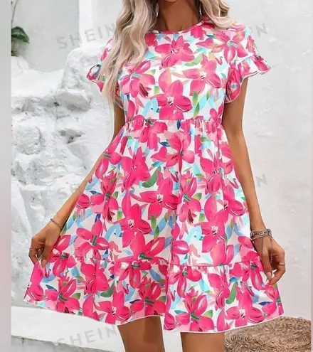 Floral Print Ruffle Hem Dress White Pink Floral Size XL