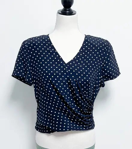 Emanuel Ungaro Vintage Silk Blue Ivory Polka Dot Crepe Wrap Short Sleeve Blouse Size undefined