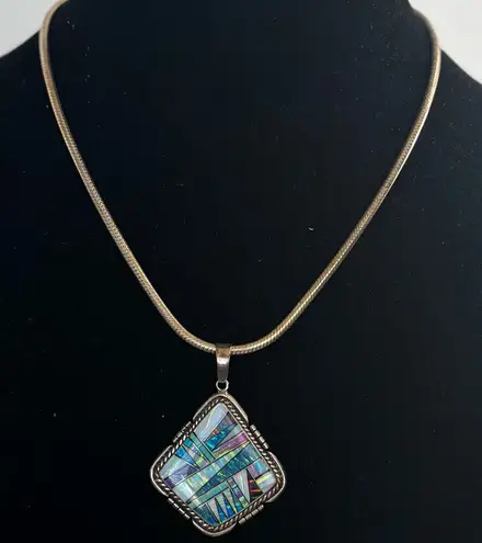 Navajo TS Sterling Silver Dichroic Glass Multicolor Pendant & Necklace Italy 925 Blue