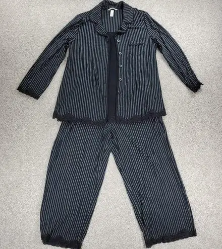 Soma Cool Collection Night Pajama Set S/M Black Stripes Lace Trim Crop Button Up