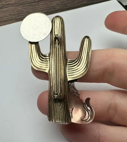 Moon Over Desert Cactus With Howling Coyote Metal Brooch Pin Tri Tone Rustic