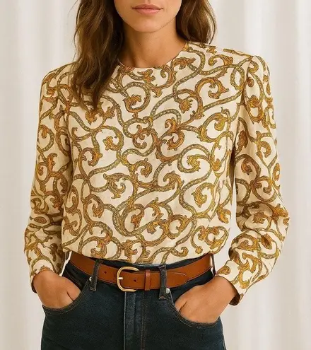 Vintage Satin Equestrian Chain Print Blouse Heritage Preppy Baroque Top Large Gold