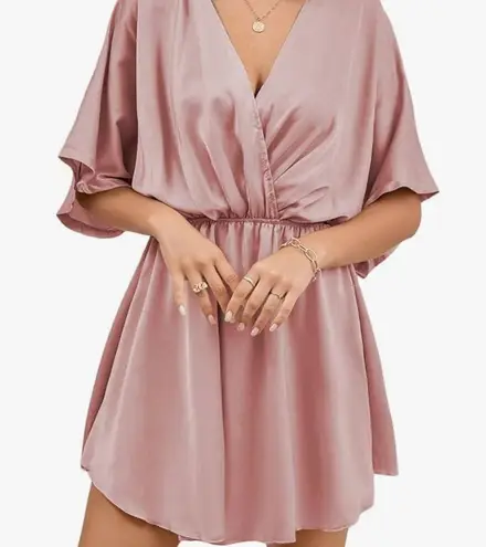 LYANER Women's Satin V Neck Twist Ruffle Flowy
Short Sleeve Mini Dress NWOT M Pink Size M