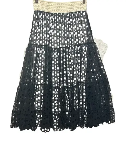 Kaktus Womens Maxi Skirt M Sheer Grid Tiered Boho Indie Whimsigoth Parisian Black Size M