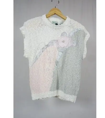 Shenanigans Woman's Large Square Chunky Knit Floral Short Sleeve Vintage NWT! White